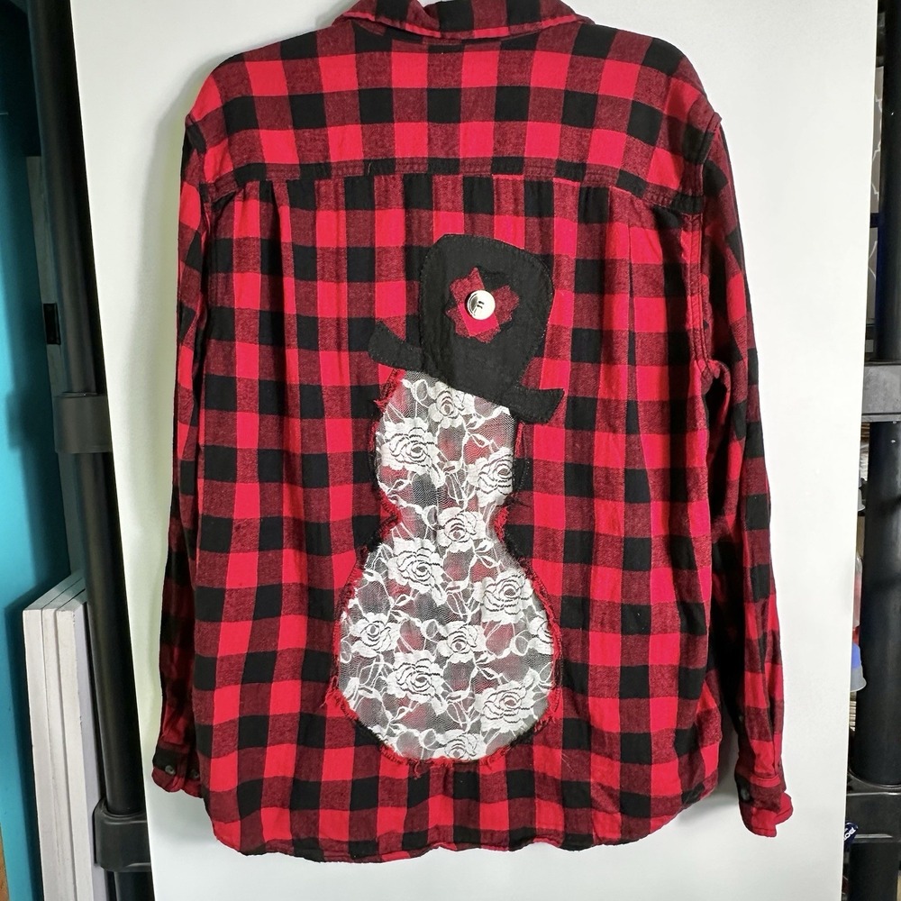 Faded Glory Red Buffalo Plaid‎ Lace Snowman Flannel Shirt Womens Size Lg *Read